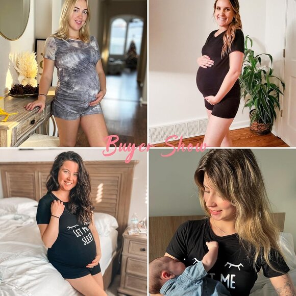 Maternity Nursing Pajamas Set Short Sleeve Breastfeeding Sleepwear Double Layer - Picture 5 of 6